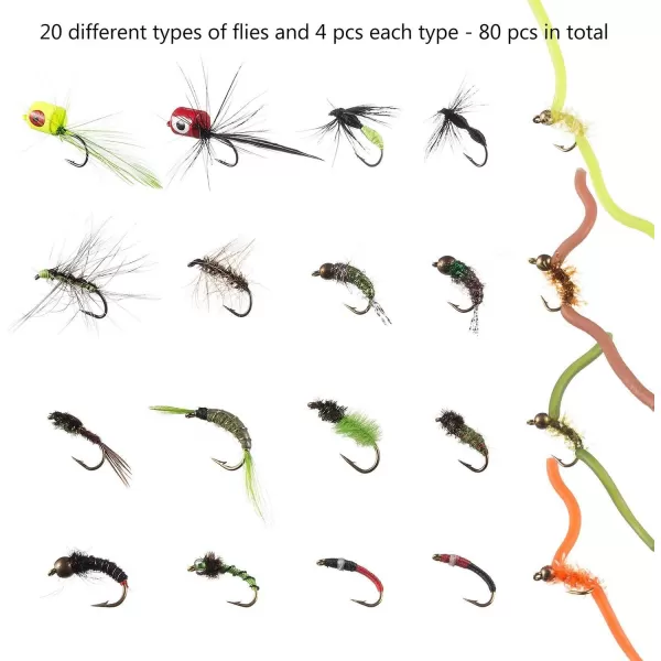 BASSDASH Fly Fishing Flies Kit Fly Assortment Trout Bass Fishing with Fly Box 366472768096pcs with DryWet Flies Nymphs Streamers Popper80 pcs assorted flies kit with waterproof fly box