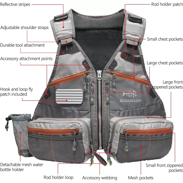 BASSDASH Fly Fishing Vest Adjustable Size with Detachable Water Bottle Holder for Men and Women FV07Menu2019s Size  GreyChocolate