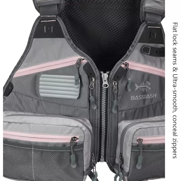 BASSDASH Fly Fishing Vest Adjustable Size with Detachable Water Bottle Holder for Men and Women FV07Womenu2019s Size  GreyLight Pink