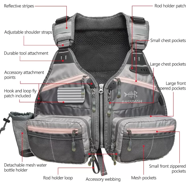 BASSDASH Fly Fishing Vest Adjustable Size with Detachable Water Bottle Holder for Men and Women FV07Womenu2019s Size  GreyLight Pink