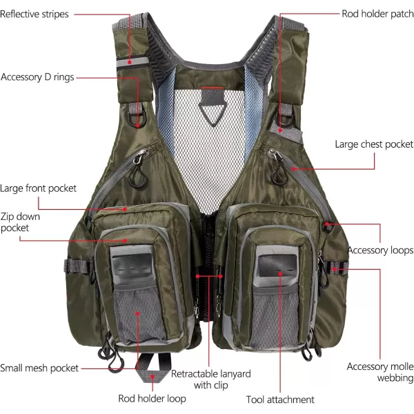 BASSDASH Fly Fishing Vest with Pockets Adjustable Size for Men Women Bass Trout Fishing FV12Army Green