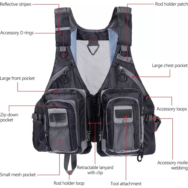 BASSDASH Fly Fishing Vest with Pockets Adjustable Size for Men Women Bass Trout Fishing FV12Black