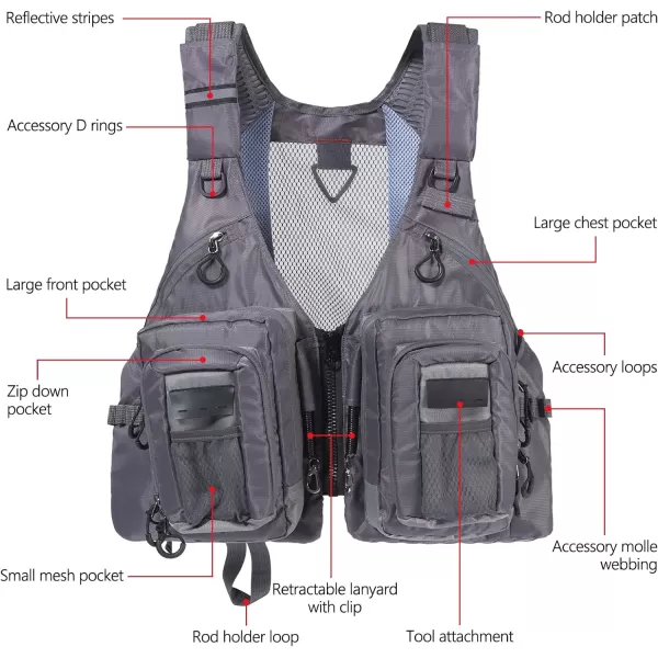 BASSDASH Fly Fishing Vest with Pockets Adjustable Size for Men Women Bass Trout Fishing FV12Grey