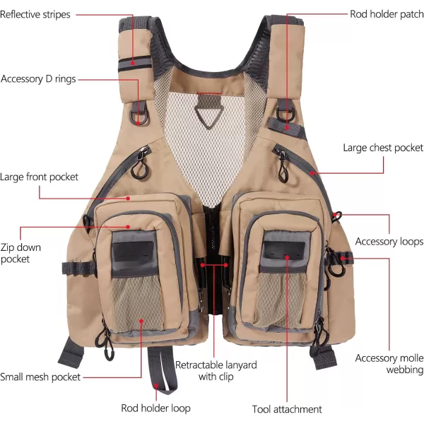 BASSDASH Fly Fishing Vest with Pockets Adjustable Size for Men Women Bass Trout Fishing FV12Light Khaki