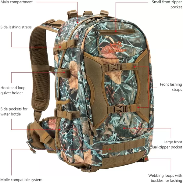 BASSDASH Hunting Backpack with BowRifle Holder Removable Waist Belt Rain Cover Camo Hunting Pack 44L 432LBHp0144l