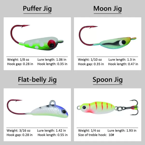 BASSDASH Ice Fishing Lure Kit Glowing Paint Jigs for Winter Ice Jigging Crappie Sunfish Perch Walleye Pike with Tackle Box30 pcs assorted perchwalleyepike jigs