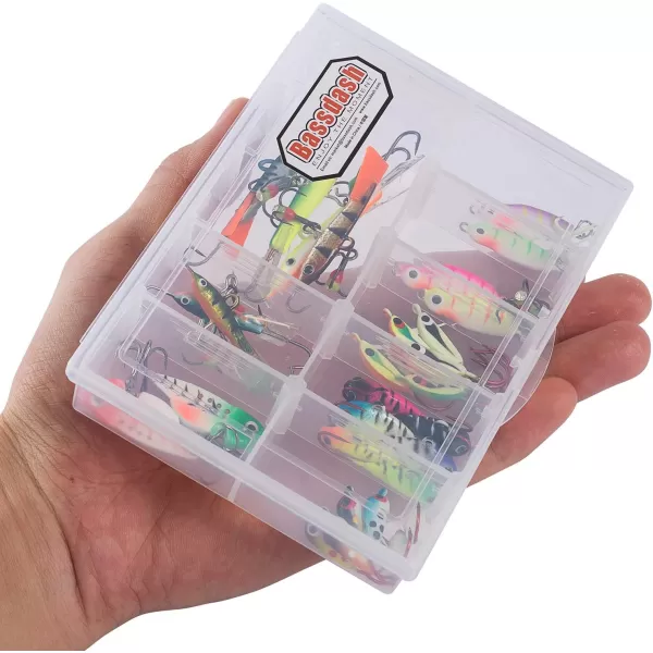 BASSDASH Ice Fishing Lure Kit Glowing Paint Jigs for Winter Ice Jigging Crappie Sunfish Perch Walleye Pike with Tackle Box30 pcs assorted perchwalleyepike jigs