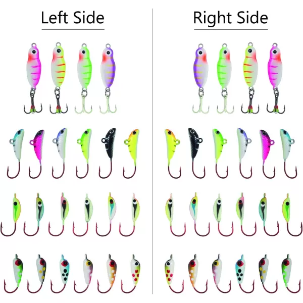 BASSDASH Ice Fishing Lure Kit Glowing Paint Jigs for Winter Ice Jigging Crappie Sunfish Perch Walleye Pike with Tackle Box30 pcs assorted perchwalleyepike jigs