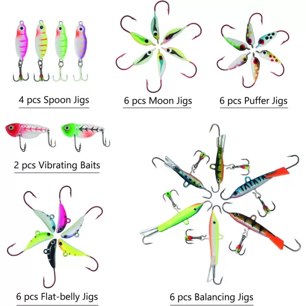 BASSDASH Ice Fishing Lure Kit Glowing Paint Jigs for Winter Ice Jigging Crappie Sunfish Perch Walleye Pike with Tackle Box30 pcs assorted perchwalleyepike jigs