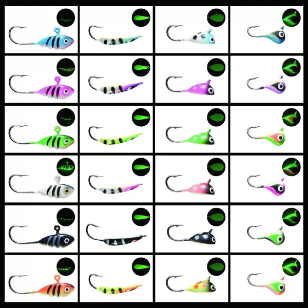 BASSDASH Ice Fishing Lure Kit Glowing Paint Jigs for Winter Ice Jigging Crappie Sunfish Perch Walleye Pike with Tackle BoxBI03  24pcs assorted crappiepanfishperch jigs