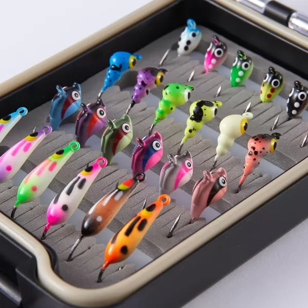 BASSDASH Ice Fishing Lure Kit Glowing Paint Jigs for Winter Ice Jigging Crappie Sunfish Perch Walleye Pike with Tackle BoxBI04  24pcs assorted crappiepanfishperch jigs