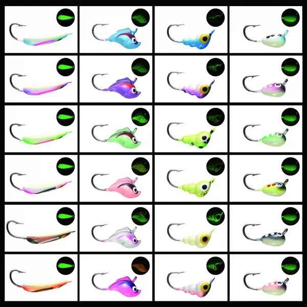 BASSDASH Ice Fishing Lure Kit Glowing Paint Jigs for Winter Ice Jigging Crappie Sunfish Perch Walleye Pike with Tackle BoxBI04  24pcs assorted crappiepanfishperch jigs