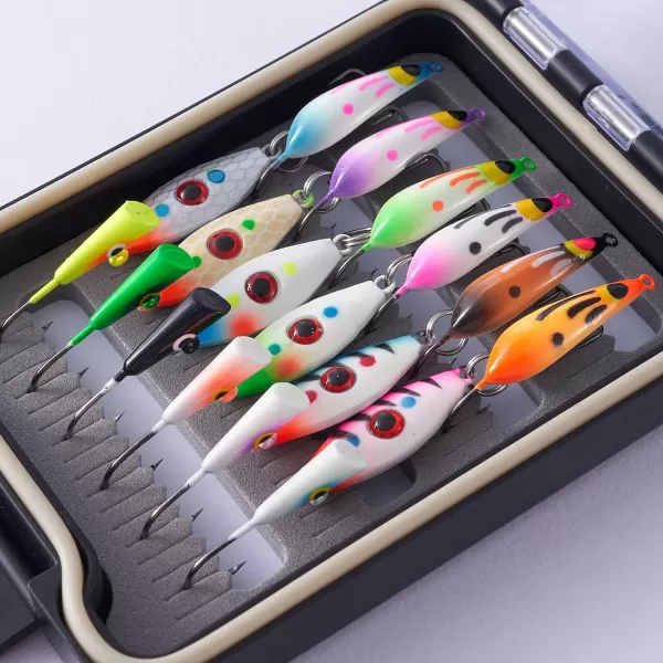 BASSDASH Ice Fishing Lure Kit Glowing Paint Jigs for Winter Ice Jigging Crappie Sunfish Perch Walleye Pike with Tackle BoxBI05  18pcs assorted perchwalleyepike jigs