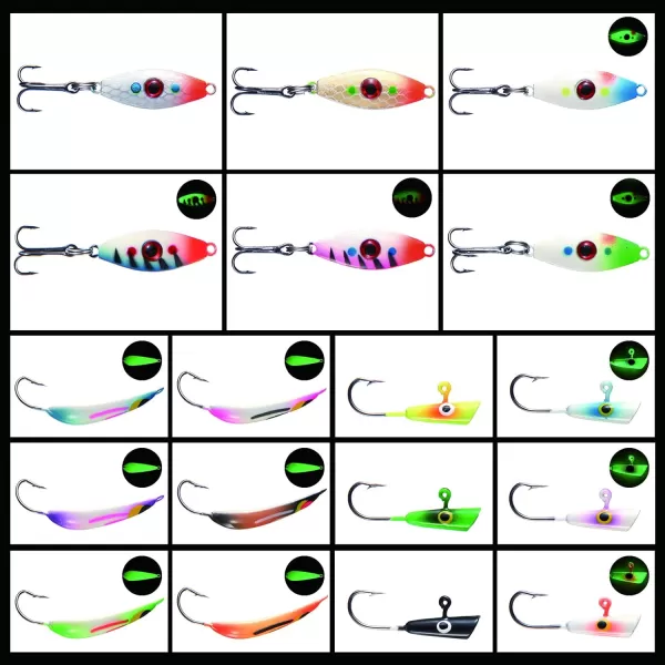 BASSDASH Ice Fishing Lure Kit Glowing Paint Jigs for Winter Ice Jigging Crappie Sunfish Perch Walleye Pike with Tackle BoxBI05  18pcs assorted perchwalleyepike jigs