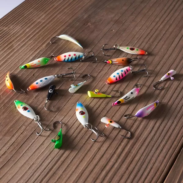 BASSDASH Ice Fishing Lure Kit Glowing Paint Jigs for Winter Ice Jigging Crappie Sunfish Perch Walleye Pike with Tackle BoxBI05  18pcs assorted perchwalleyepike jigs