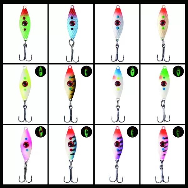 BASSDASH Ice Fishing Lure Kit Glowing Paint Jigs for Winter Ice Jigging Crappie Sunfish Perch Walleye Pike with Tackle BoxBI06  12pcs assorted perchwalleyepike jigs