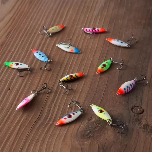 BASSDASH Ice Fishing Lure Kit Glowing Paint Jigs for Winter Ice Jigging Crappie Sunfish Perch Walleye Pike with Tackle BoxBI06  12pcs assorted perchwalleyepike jigs