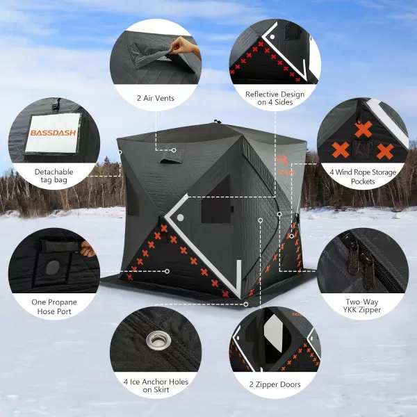 BASSDASH Ice Fishing Winter Shelter Pop Up Portable Thermal Hub Tent with Anchors Tie Ropes Carrying Bag 23 34 Person23 Person Insulated GreyBlack