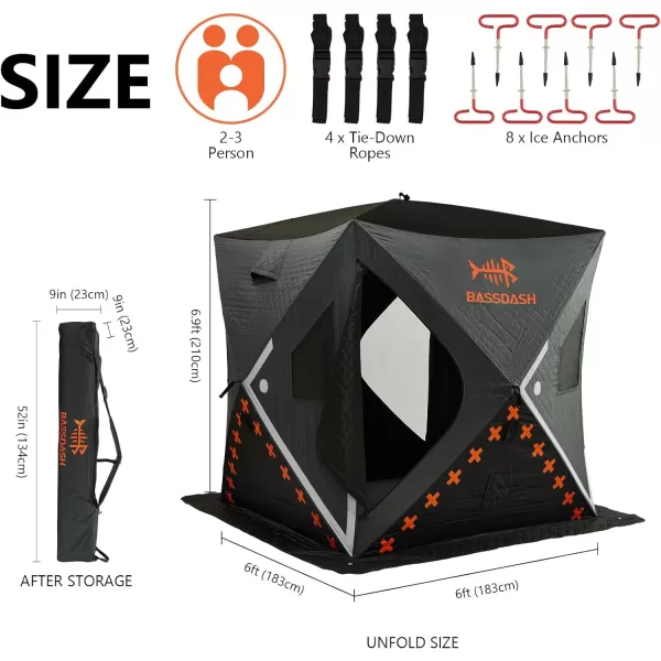 BASSDASH Ice Fishing Winter Shelter Pop Up Portable Thermal Hub Tent with Anchors Tie Ropes Carrying Bag 23 34 Person23 Person Insulated GreyBlack