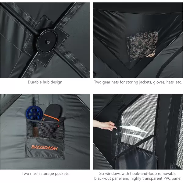 BASSDASH Ice Fishing Winter Shelter Pop Up Portable Thermal Hub Tent with Anchors Tie Ropes Carrying Bag 23 34 Person23 Person Noninsulated GreyBlack