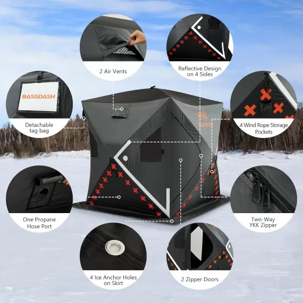 BASSDASH Ice Fishing Winter Shelter Pop Up Portable Thermal Hub Tent with Anchors Tie Ropes Carrying Bag 23 34 Person23 Person Noninsulated GreyBlack