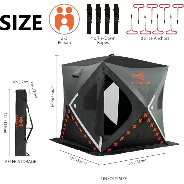 BASSDASH Ice Fishing Winter Shelter Pop Up Portable Thermal Hub Tent with Anchors Tie Ropes Carrying Bag 23 34 Person23 Person Noninsulated GreyBlack