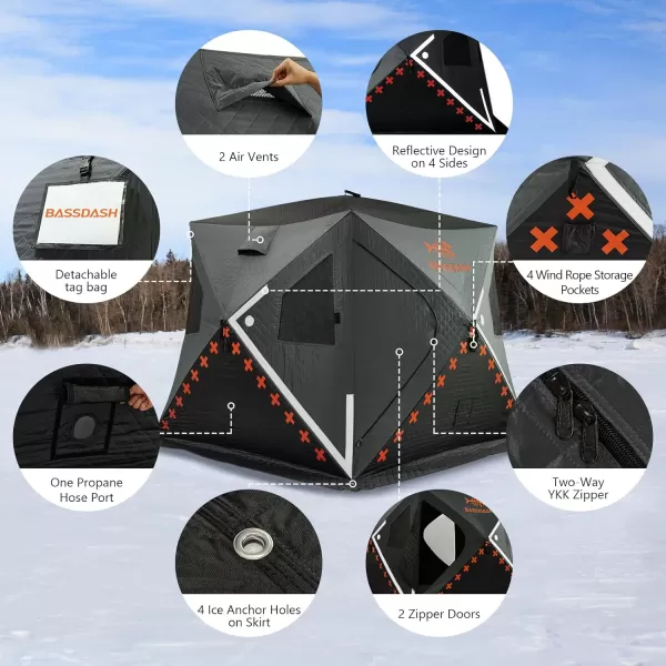 BASSDASH Ice Fishing Winter Shelter Pop Up Portable Thermal Hub Tent with Anchors Tie Ropes Carrying Bag 23 34 Person34 Person Insulated GreyBlack