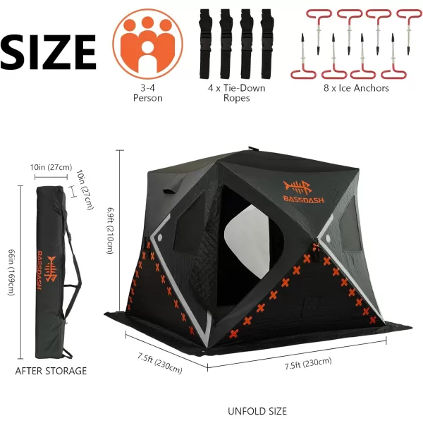 BASSDASH Ice Fishing Winter Shelter Pop Up Portable Thermal Hub Tent with Anchors Tie Ropes Carrying Bag 23 34 Person34 Person Insulated GreyBlack