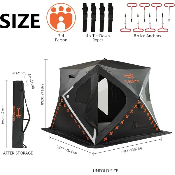 BASSDASH Ice Fishing Winter Shelter Pop Up Portable Thermal Hub Tent with Anchors Tie Ropes Carrying Bag 23 34 Person34 Person Noninsulated GreyBlack