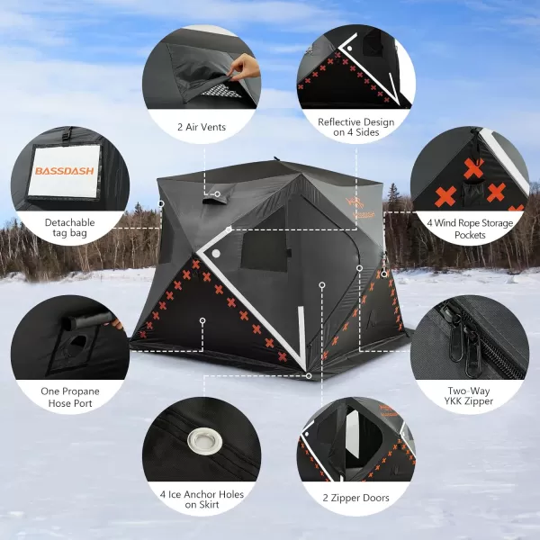 BASSDASH Ice Fishing Winter Shelter Pop Up Portable Thermal Hub Tent with Anchors Tie Ropes Carrying Bag 23 34 Person34 Person Noninsulated GreyBlack