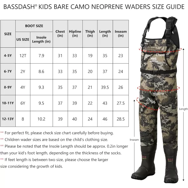 BASSDASH Kids Neoprene Chest Waders Bare Camo for Fishing Hunting with 600g Insulated Rubber Boot Foot for Children YouthBoot Foot  Bare Camo