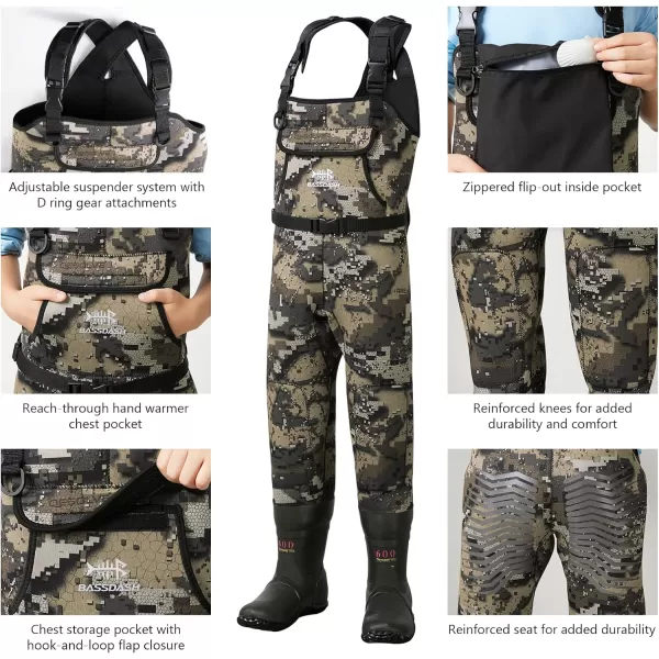 BASSDASH Kids Neoprene Chest Waders Bare Camo for Fishing Hunting with 600g Insulated Rubber Boot Foot for Children YouthBoot Foot  Bare Camo