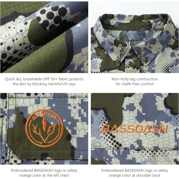 BASSDASH Mens Performance Button Down Shirt Long Sleeve UPF 50 for Hunting Fishing Outdoors FS23MGreen Vegetation Camo