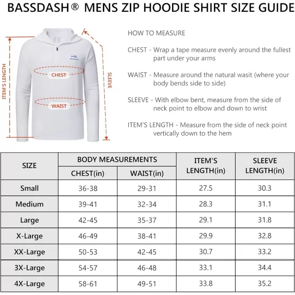 BASSDASH Mens UPF 50 14 Zip Fishing Hoodie Shirt Quick Dry Performance Long Sleeve Sun Protection FS24MWhite