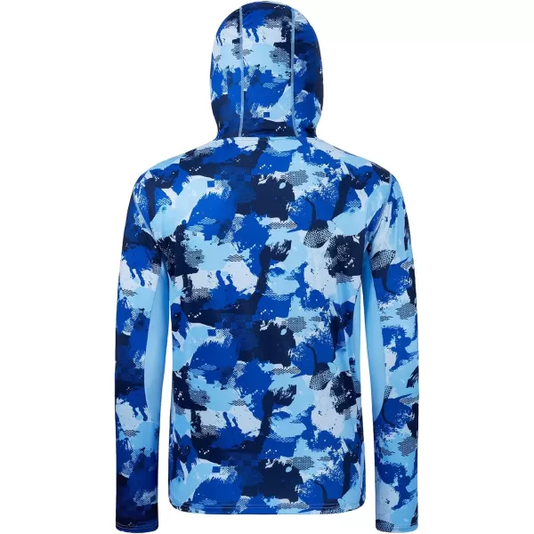 BASSDASH Mens UPF 50 Fishing Hiking Camo Hoodie Shirt with Face Mask Lightweight Neck Gaiter Long SleeveBlue Camo With Neck Gaiter