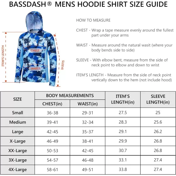 BASSDASH Mens UPF 50 Fishing Hiking Camo Hoodie Shirt with Face Mask Lightweight Neck Gaiter Long SleeveBlue Camo Without Neck Gaiter