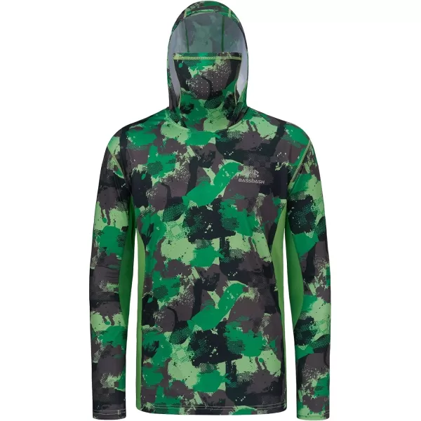 BASSDASH Mens UPF 50 Fishing Hiking Camo Hoodie Shirt with Face Mask Lightweight Neck Gaiter Long SleeveGreen Camo With Neck Gaiter