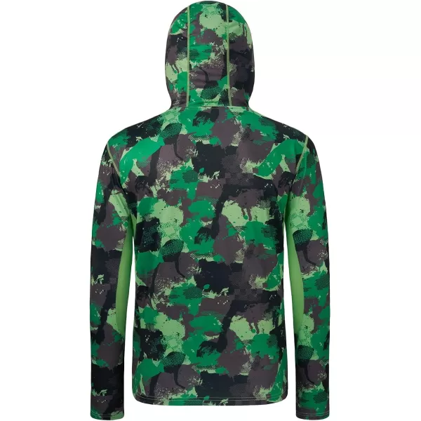 BASSDASH Mens UPF 50 Fishing Hiking Camo Hoodie Shirt with Face Mask Lightweight Neck Gaiter Long SleeveGreen Camo With Neck Gaiter