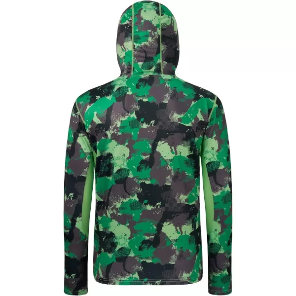 BASSDASH Mens UPF 50 Fishing Hiking Camo Hoodie Shirt with Face Mask Lightweight Neck Gaiter Long SleeveGreen Camo Without Neck Gaiter