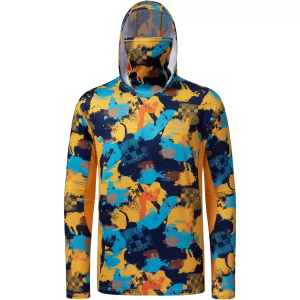 BASSDASH Mens UPF 50 Fishing Hiking Camo Hoodie Shirt with Face Mask Lightweight Neck Gaiter Long SleeveYellowBlue Camo With Neck Gaiter