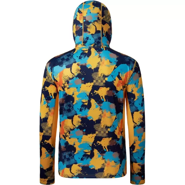 BASSDASH Mens UPF 50 Fishing Hiking Camo Hoodie Shirt with Face Mask Lightweight Neck Gaiter Long SleeveYellowBlue Camo With Neck Gaiter