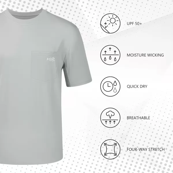 BASSDASH Mens UPF 50 Performance Short Sleeve Pocket TShirt UV Sun Protection Fishing Hiking Kayaking Sports ShirtsCool GreyWhite Logo