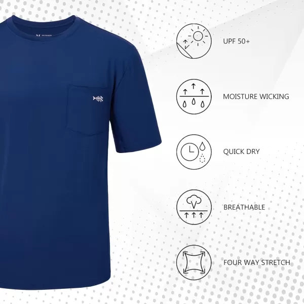 BASSDASH Mens UPF 50 Performance Short Sleeve Pocket TShirt UV Sun Protection Fishing Hiking Kayaking Sports ShirtsDark BlueWhite Logo