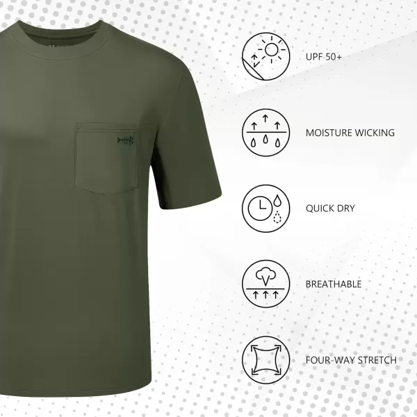 BASSDASH Mens UPF 50 Performance Short Sleeve Pocket TShirt UV Sun Protection Fishing Hiking Kayaking Sports ShirtsOlive GreenBlack Logo