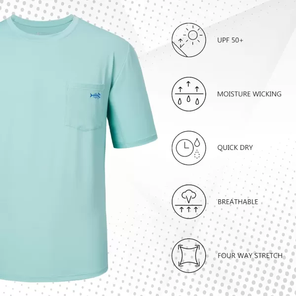 BASSDASH Mens UPF 50 Performance Short Sleeve Pocket TShirt UV Sun Protection Fishing Hiking Kayaking Sports ShirtsSeafoamVivid Blue Logo