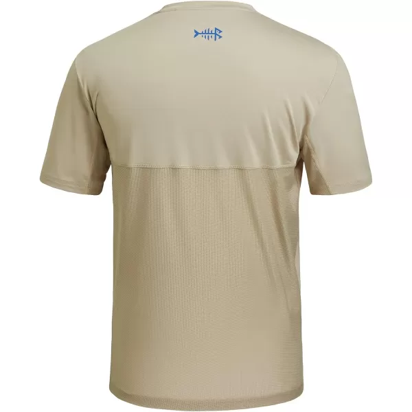 BASSDASH Mens UPF 50 Sun Protection Fishing Shirt Short Sleeve UV TShirtLight KhakiVivid Blue Logo