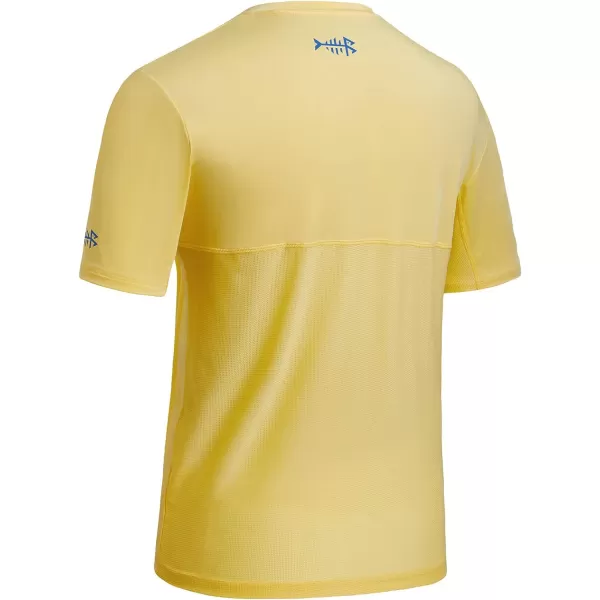 BASSDASH Mens UPF 50 Sun Protection Fishing Shirt Short Sleeve UV TShirtLight YellowVivid Blue Logo