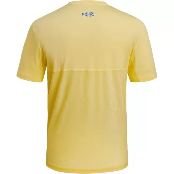 BASSDASH Mens UPF 50 Sun Protection Fishing Shirt Short Sleeve UV TShirtLight YellowVivid Blue Logo