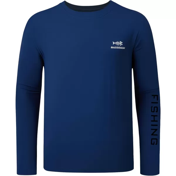 BASSDASH Mens UPF 50 Sun Protection Long Sleeve Shirts Quick Dry Performance SPF UV Shirt for Outdoors Fishing Hiking FS31MDark BlueWhite Logo