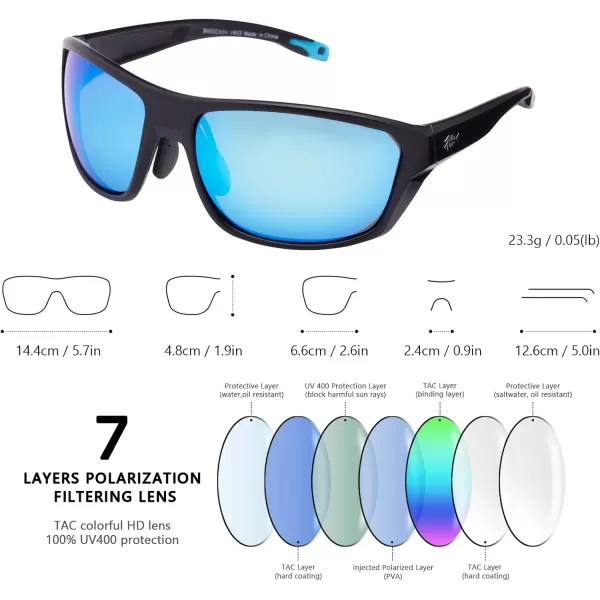 BASSDASH Polarized Sports Sunglasses for Men Women Fishing Driving Hiking UV400 with Lightweight TPX Unbreakable FrameV03 Frame  Matte Black  Lens  Ice Blue Mirror